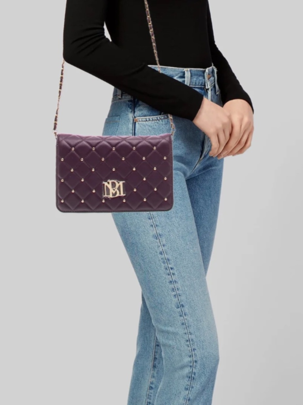 NWT Badgley Mischka quilted flap crossbody bag in a rich plum purple leather